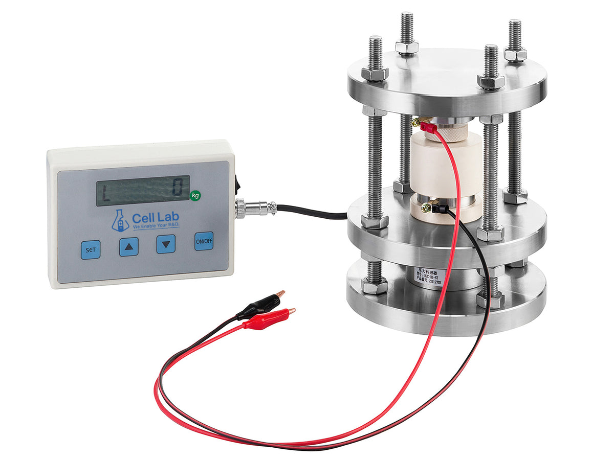 Cell Lab Pressure Jig & Load Sensor Kit (5T or 50 kg): stainless steel jig with precision load sensors for solid-state and lithium metal battery testing. Compatible with PEEK split cells and 2" × 4" pouch cells.
