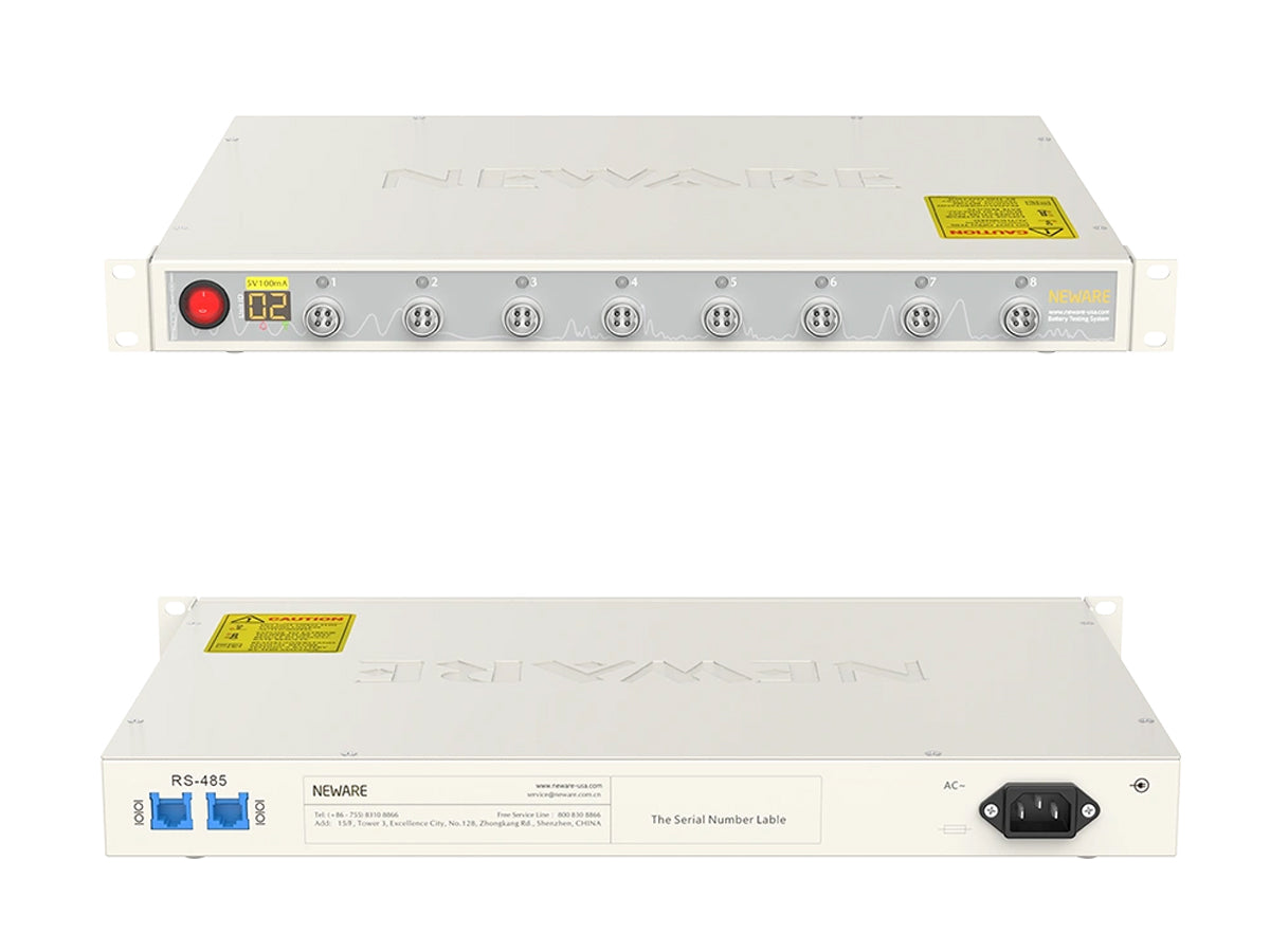 Neware CT-4008Q-5V100mA-124 battery tester with 8 channels, ±0.01% FS accuracy, ultra-low current testing, pulse analysis, and DCIR support for electrochemical research.