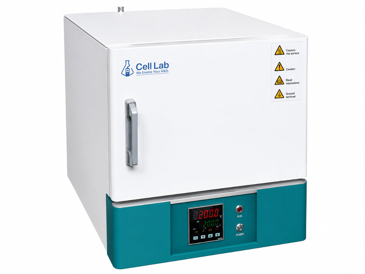 Cell Lab 1200°C ceramic fiber muffle furnace with standard, high precision or 64-segment programmable controllers for sintering and lab heat treatment.