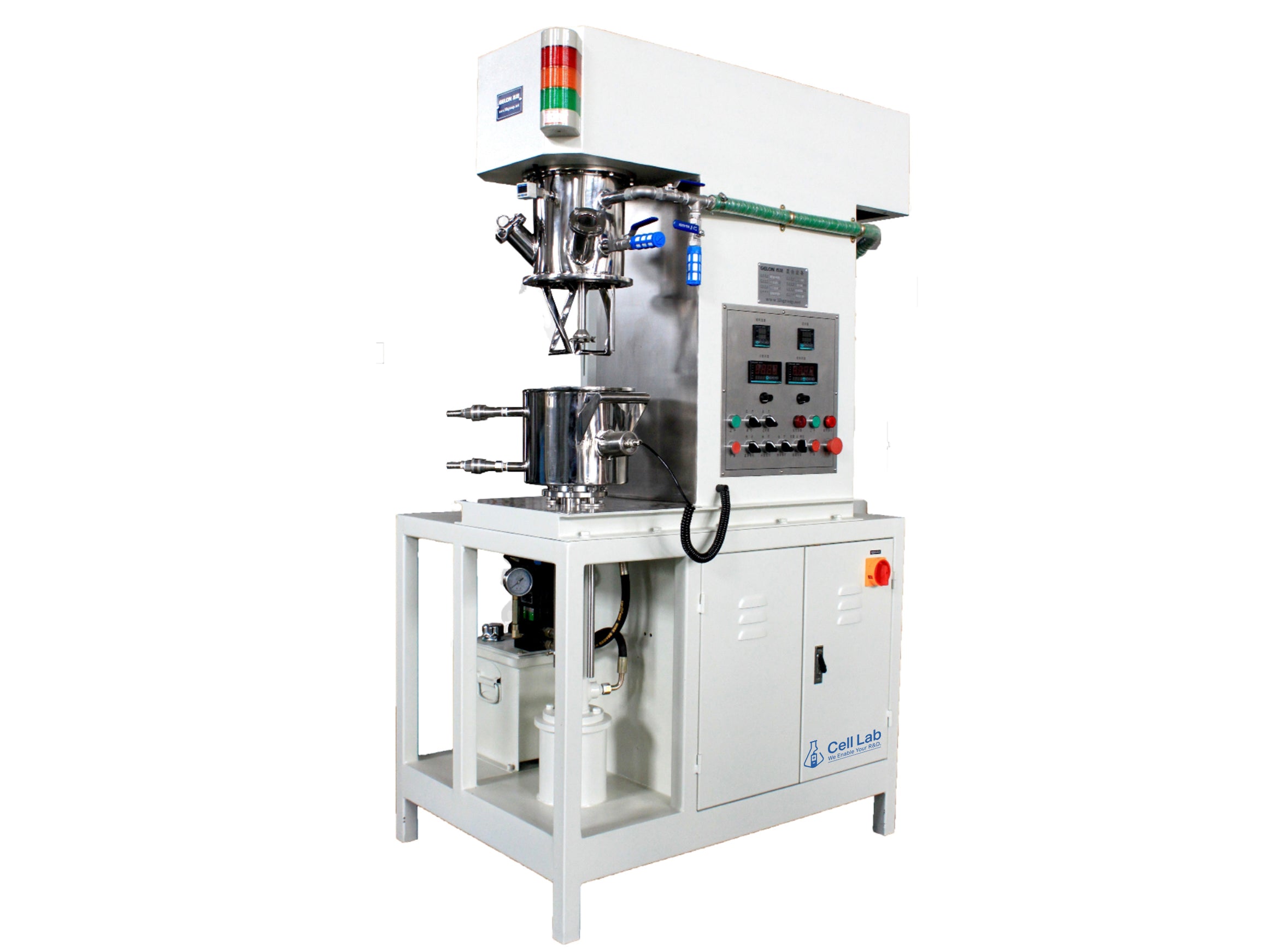 Cell Lab 2 L double planetary vacuum mixer with PLC touchscreen offers dual-speed control, bubble-free slurry mixing, and high precision for lithium-ion and solid-state battery material R&D.