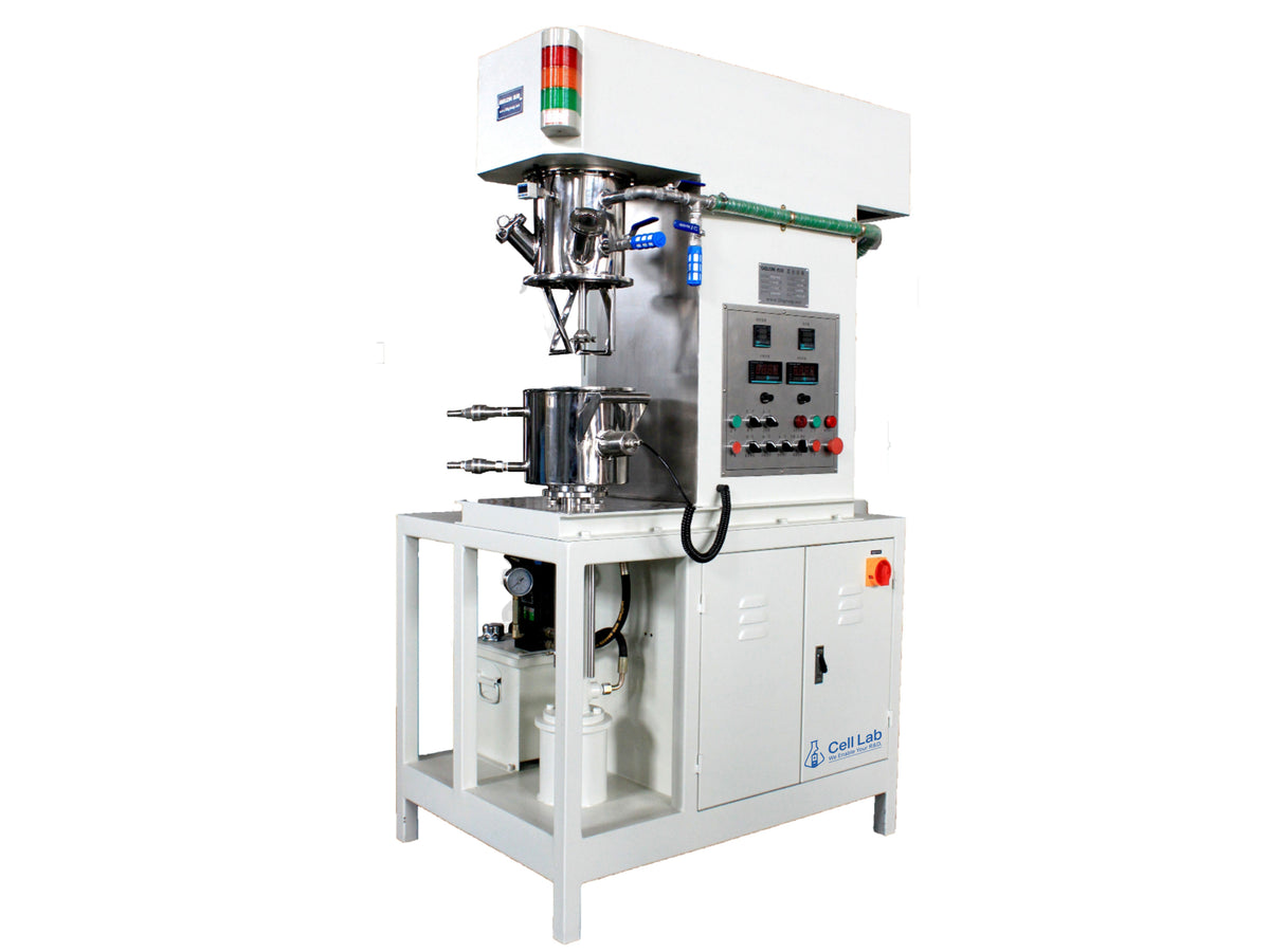 Cell Lab 2 L double planetary vacuum mixer with PLC touchscreen offers dual-speed control, bubble-free slurry mixing, and high precision for lithium-ion and solid-state battery material R&D.