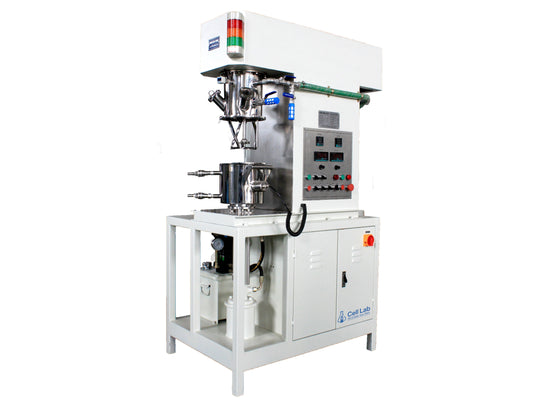 Cell Lab 2 L double planetary vacuum mixer with PLC touchscreen offers dual-speed control, bubble-free slurry mixing, and high precision for lithium-ion and solid-state battery material R&D.