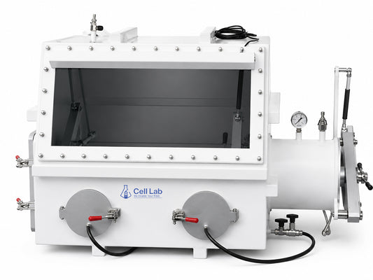 Cell Lab 354L compact stainless steel glove box with antechamber provides a high-purity inert atmosphere for battery R&D, semiconductor research, and chemical.