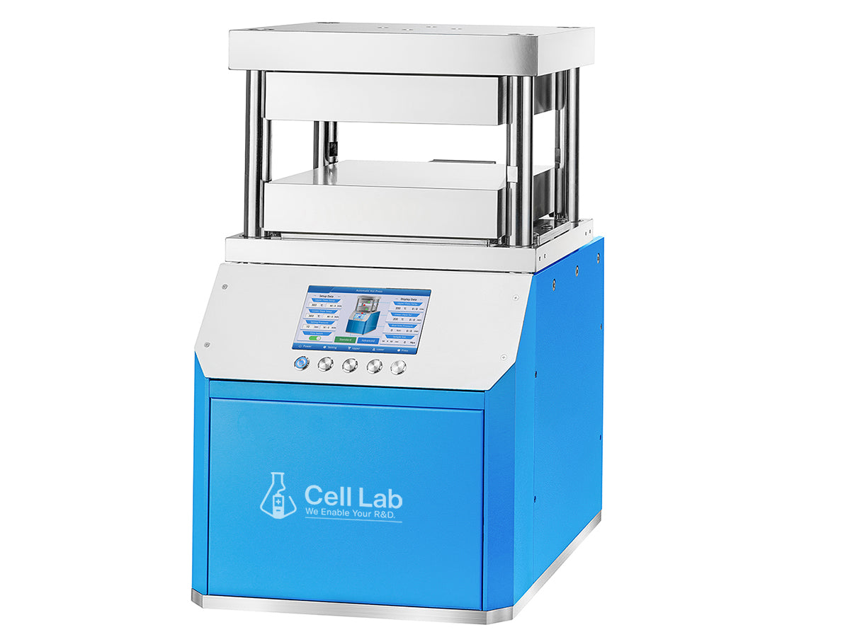 Cell Lab automatic hot press with 30-ton pressure, 300 °C heating and precision temperature control, ideal for powder compaction and advanced material research.