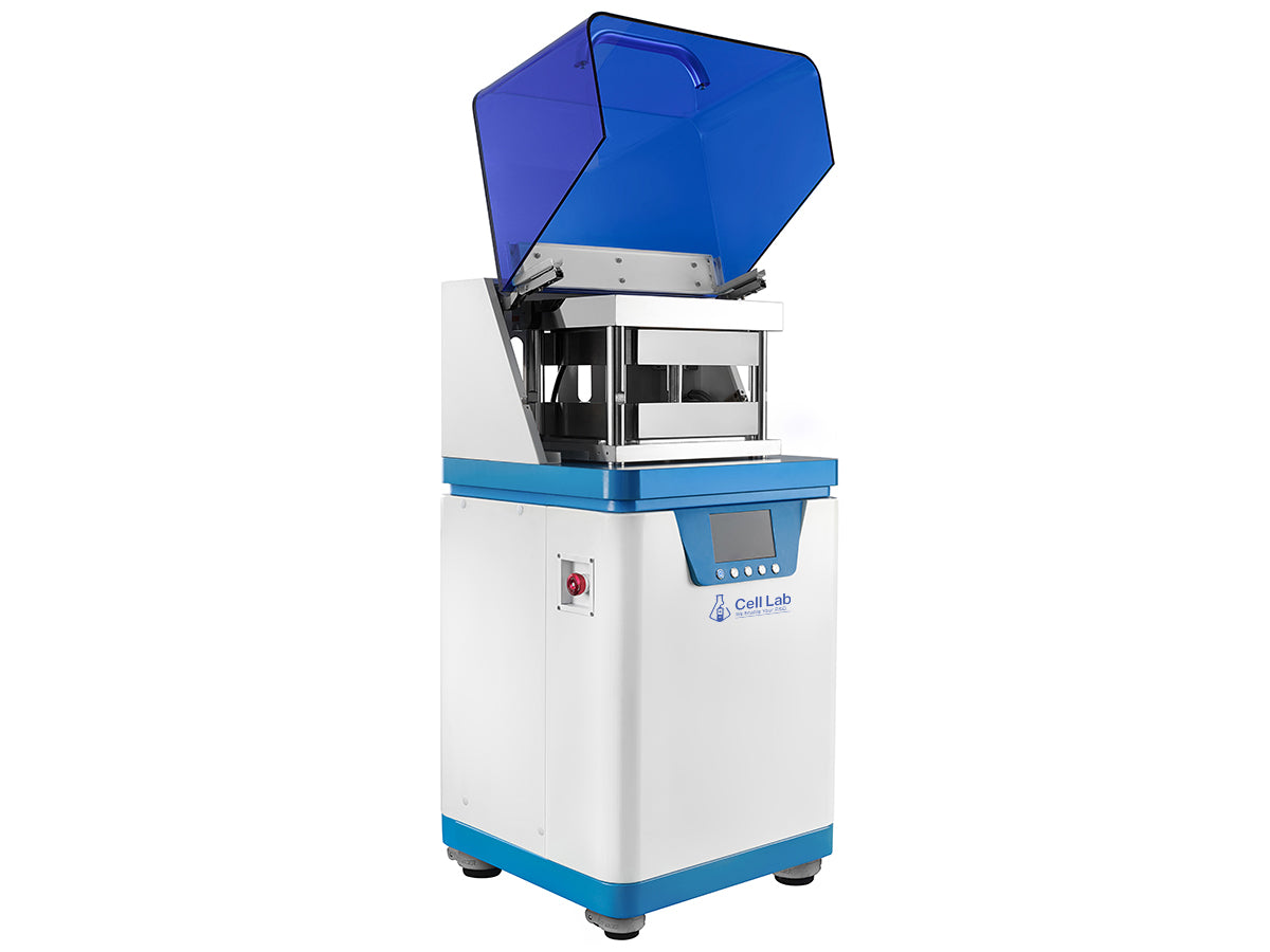 Cell Lab automatic hot press with 60 ton capacity, dual 500×500 mm heating platens and programmable control for battery, composite and material research applications.