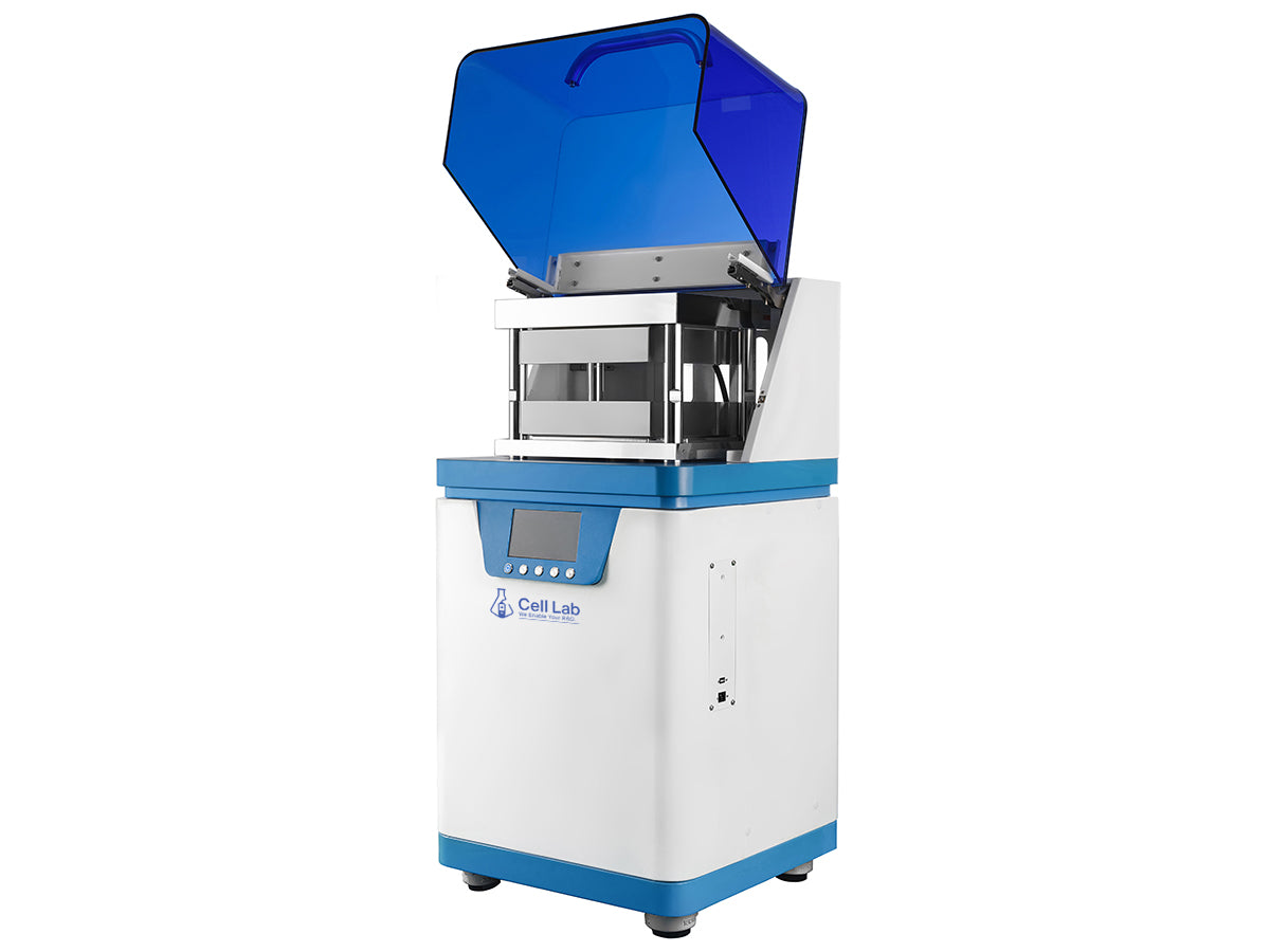 Cell Lab automatic hot press with 60 ton capacity, dual 500×500 mm heating platens and programmable control for battery, composite and material research applications.