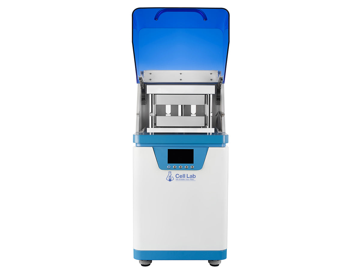 Cell Lab automatic hot press with 60 ton capacity, dual 500×500 mm heating platens and programmable control for battery, composite and material research applications.