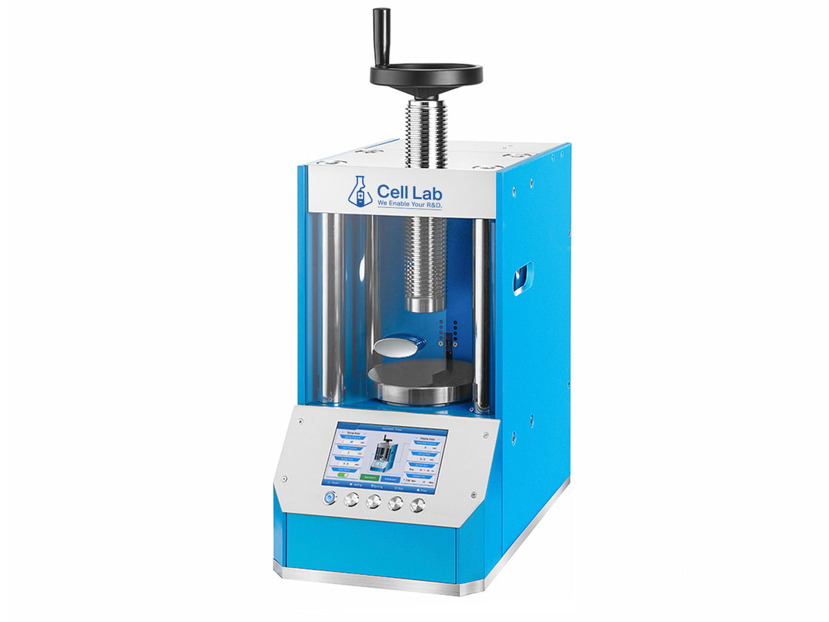 Cell Lab Automatic Hydraulic Lab Pellet Press (20T–60T): programmable powder pressing with 4.3" LCD, plexiglass safety cover, and up to 999m59s hold time. Ideal for FTIR, XRF, battery, ceramics, and catalyst R&D.