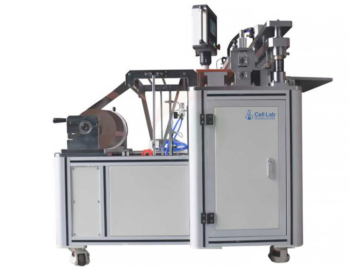 Cell Lab automatic shear cutter machine for lithium-ion electrodes and aluminium films delivers ±0.5 mm precision, 500 mm width capacity, and programmable control for high-throughput battery production.