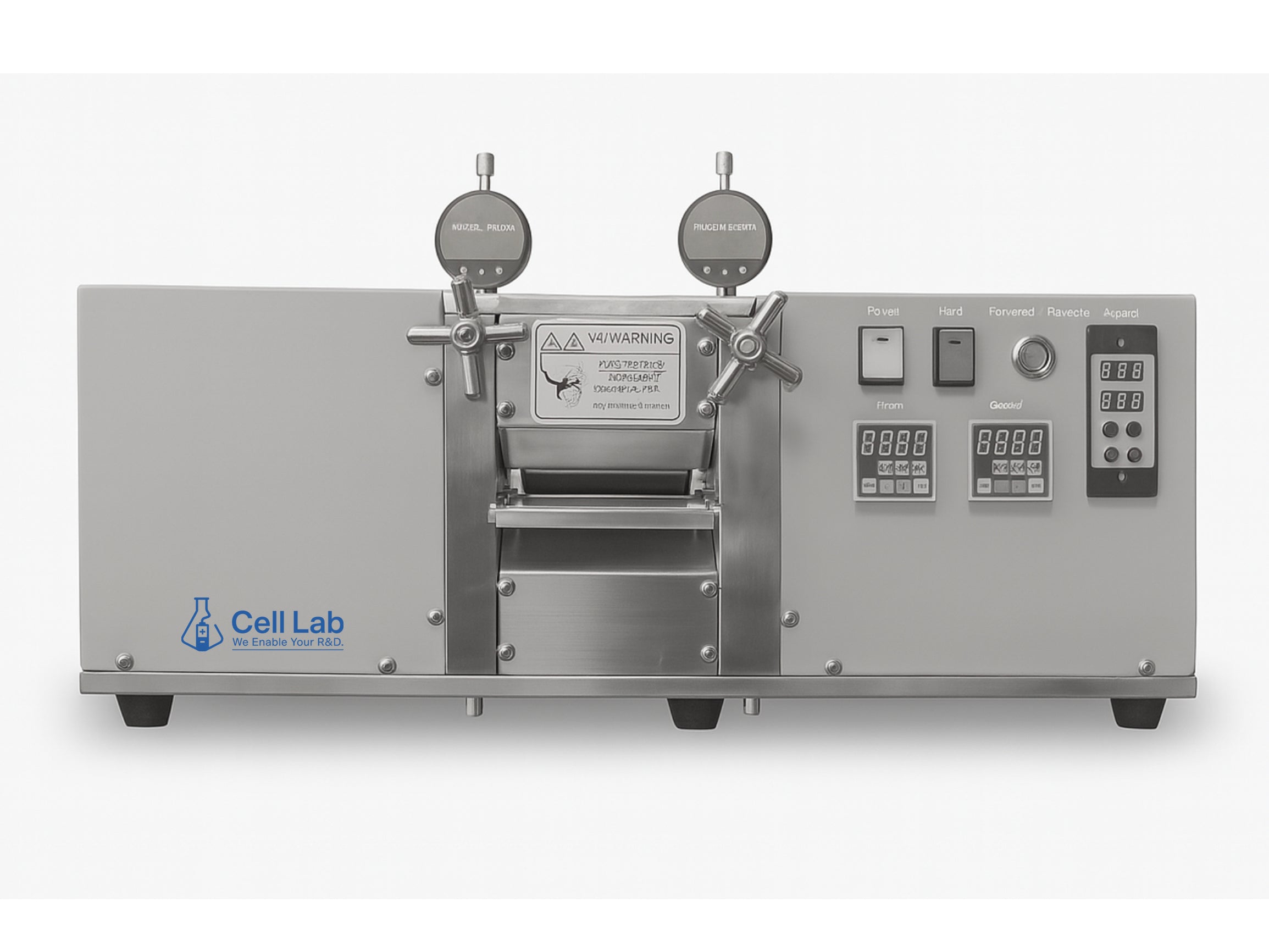 Cell Lab benchtop heated roller press (up to 120 °C) for battery electrode calendaring offers ≤ 2 µm precision, variable-speed control, and compact glovebox-compatible design for R&D densification.