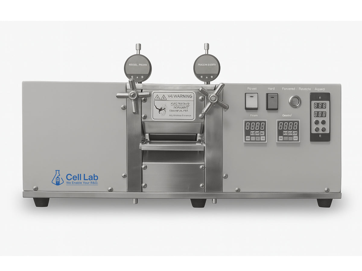 Cell Lab benchtop heated roller press (up to 120 °C) for battery electrode calendaring offers ≤ 2 µm precision, variable-speed control, and compact glovebox-compatible design for R&D densification.