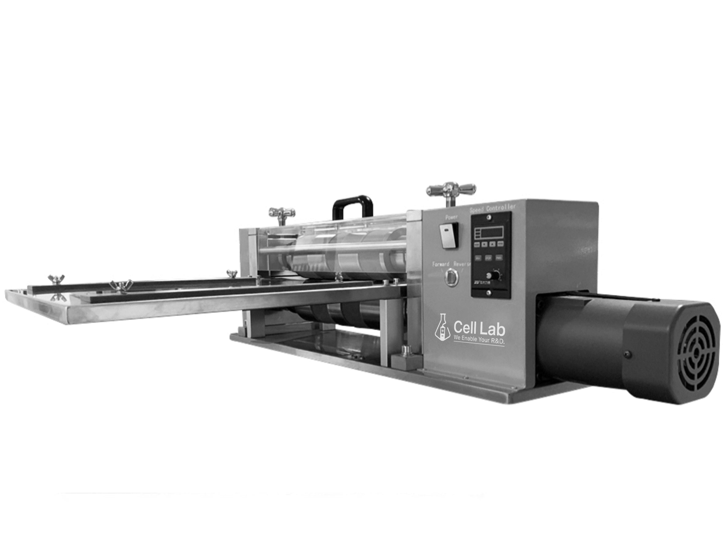 Cell Lab benchtop battery electrode slitting machine for cylindrical and pouch cell fabrication offers precision Cu/Al foil cutting, 300 mm width, and customisable blade options for R&D labs.