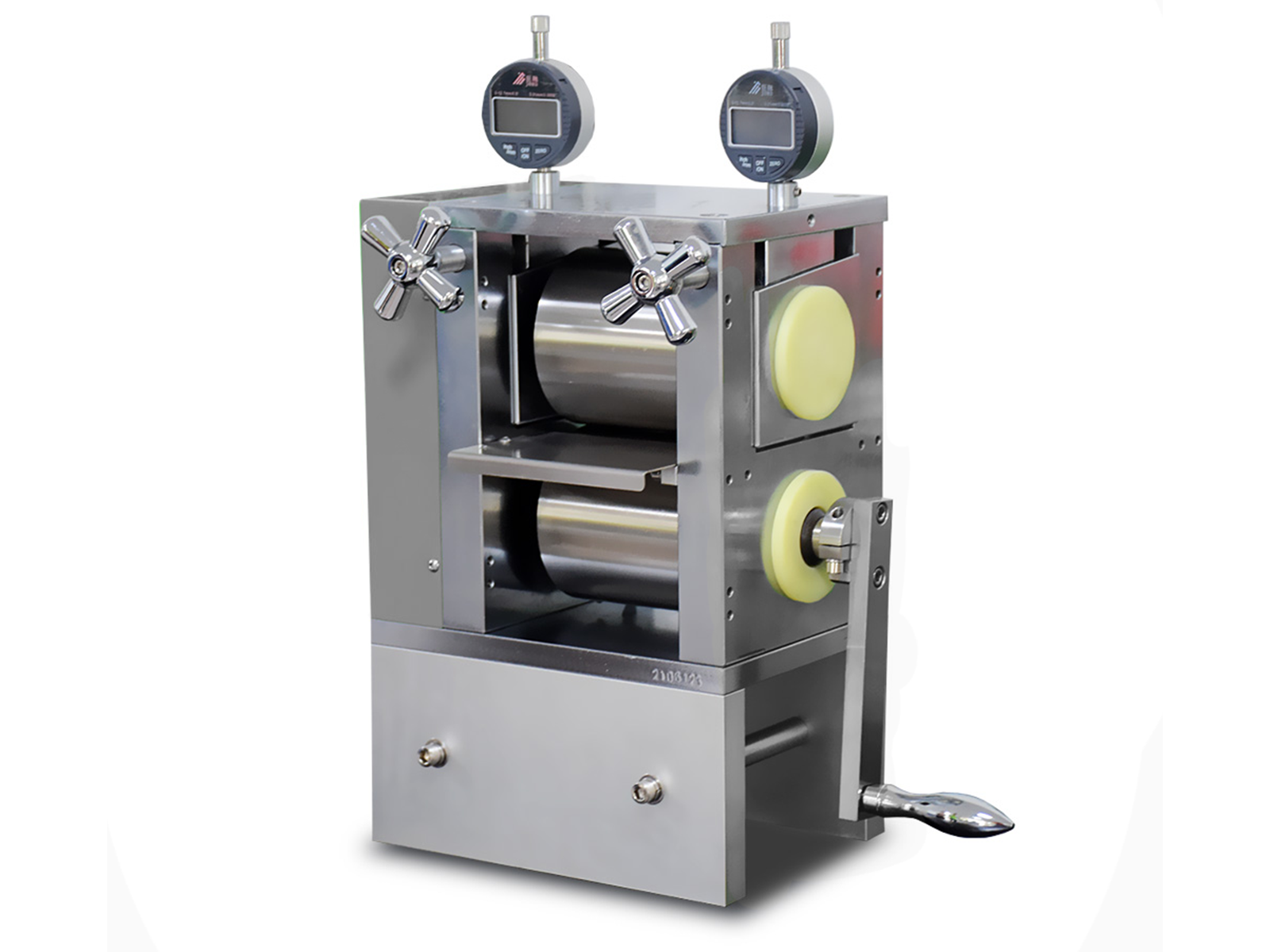 Cell Lab manual cold roller press (100 mm width) offers 0.005 mm precision, glovebox-compatible design, and hardened 96 mm rollers for compact electrode calendaring in battery R&D.