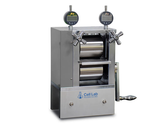 Cell Lab manual cold roller press (100 mm width) offers 0.005 mm precision, glovebox-compatible design, and hardened 96 mm rollers for compact electrode calendaring in battery R&D.