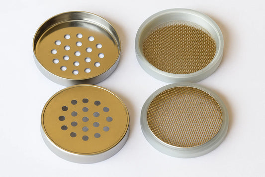 Cell Lab CR2032 mesh coin cell case – stainless-steel air-battery housing for lithium-air and zinc-air research. 304SS construction, gas-diffusion mesh, PP gasket, 10-piece lab pack for R&D applications.