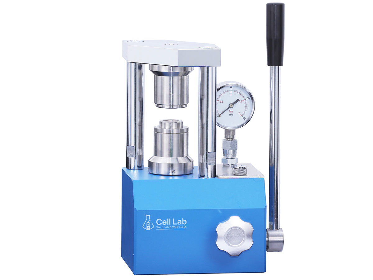 Cell Lab Compact Coin Cell Crimper (0–2T, 12 kg): portable, glove-box-compatible machine for sealing CR2032, CR2025, CR2016 coin cells. Optional dies for CR2325, CR2450, AG3, AG5 sealing & disassembly.