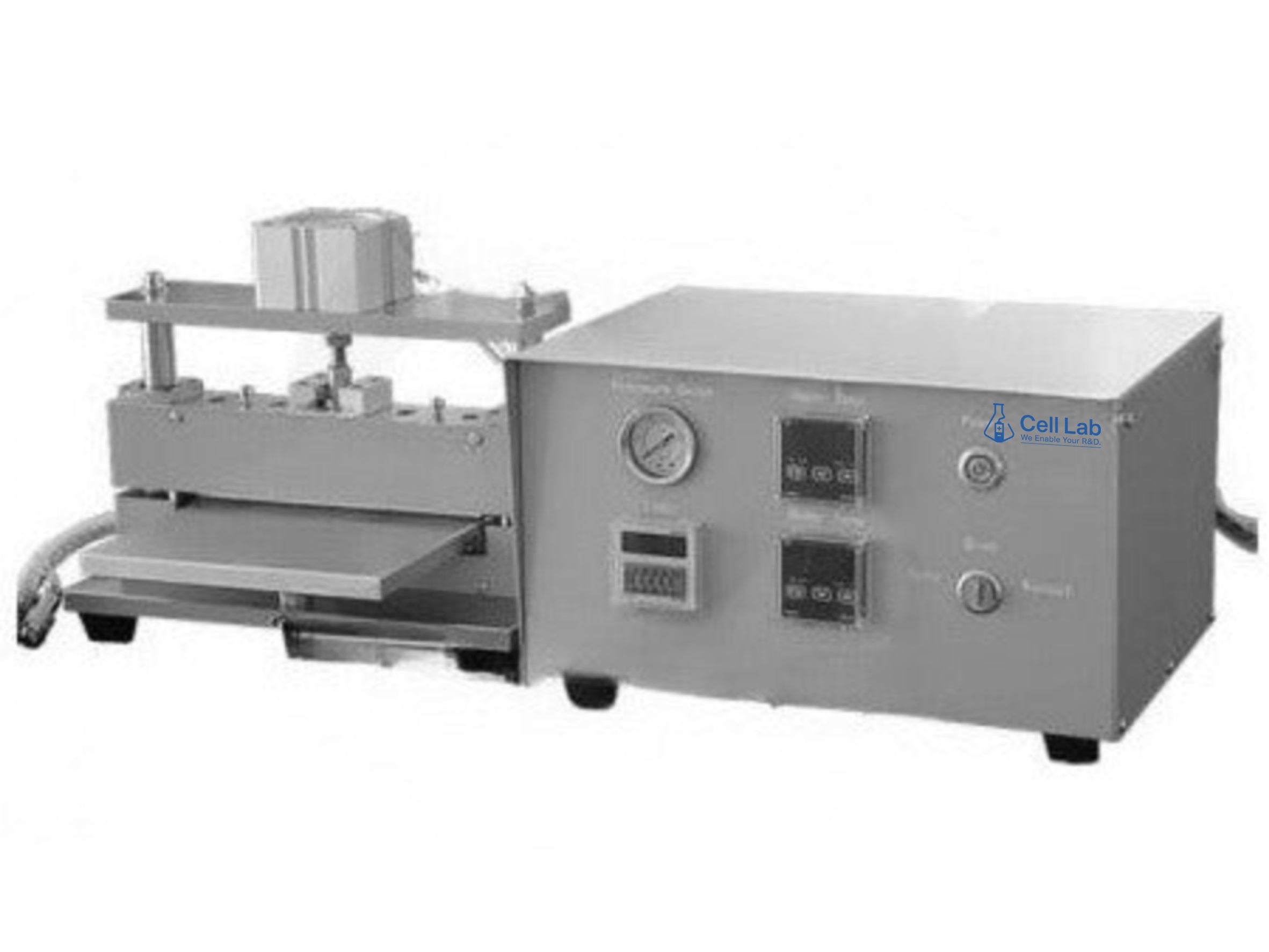 Cell Lab compact pouch cell sealing machine for aluminium-laminated films offers dual top & side sealing, ± 2 °C precision, and glovebox-compatible operation for lithium battery R&D and pilot-scale production.