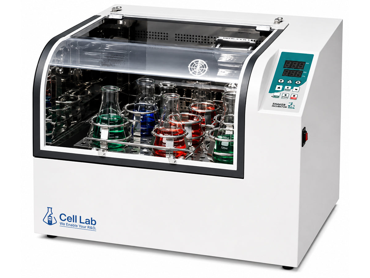 Cell Lab desktop constant temperature shaker series with programmable PID control, 20–450 rpm shaking and optional refrigeration for laboratory culture applications.