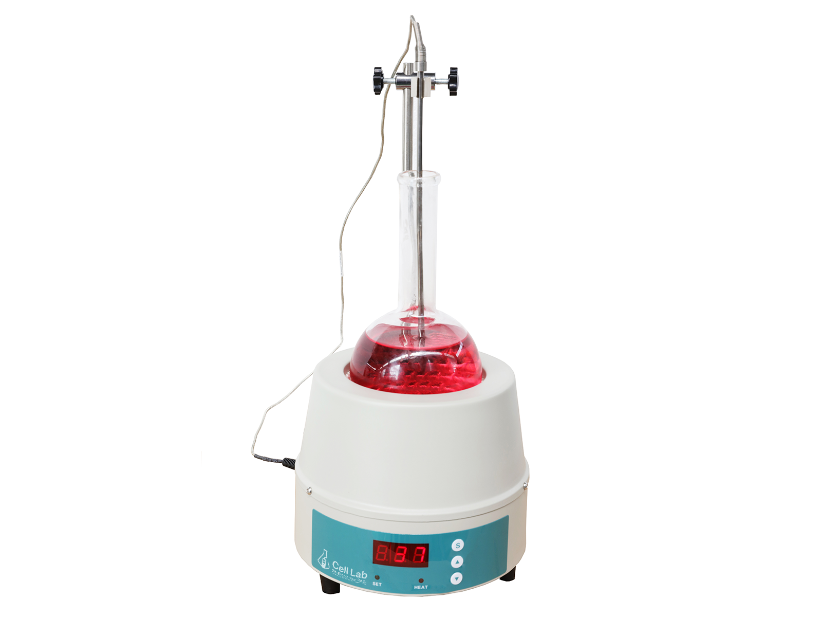 Cell Lab digital display heating mantle offers precise PID temperature control up to 450 °C for flasks from 50 ml to 20 L, featuring nichrome heating, PT100 sensor feedback, and durable steel construction.