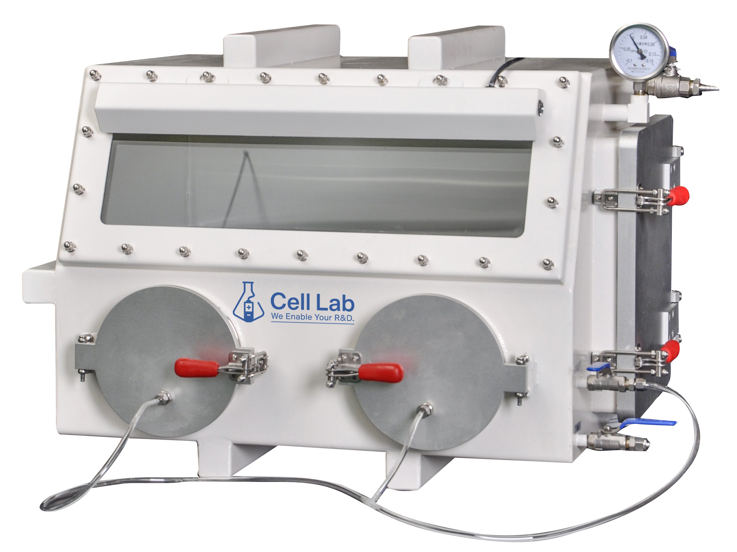 Cell Lab compact stainless steel glove box without antechamber provides a controlled inert atmosphere for battery R&D, chemical synthesis, and semiconductor research. Compact design, durable 304 stainless steel, and low O₂/H₂O operation.