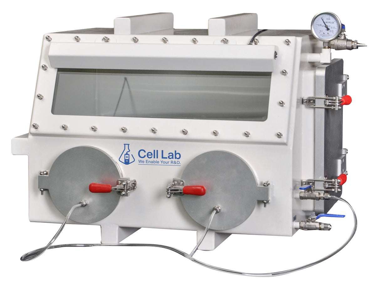 Cell Lab compact stainless steel glove box without antechamber provides a controlled inert atmosphere for battery R&D, chemical synthesis, and semiconductor research. Compact design, durable 304 stainless steel, and low O₂/H₂O operation.