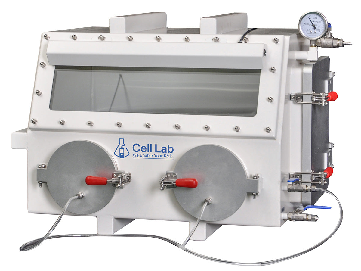Cell Lab compact stainless steel glove box without antechamber provides inert atmosphere control for battery R&D, chemical synthesis and semiconductor research