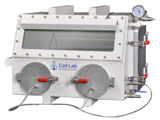 Cell Lab compact stainless steel glove box without antechamber provides inert atmosphere control for battery R&D, chemical synthesis and semiconductor research