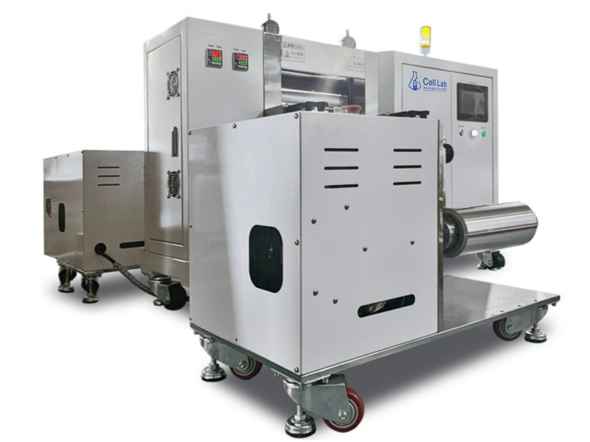 Cell Lab electric electrode calendaring machine with 330 mm rollers, 40 ton pressure, and PLC control delivers ± 0.002 mm precision for uniform battery electrode densification and pilot-scale production.