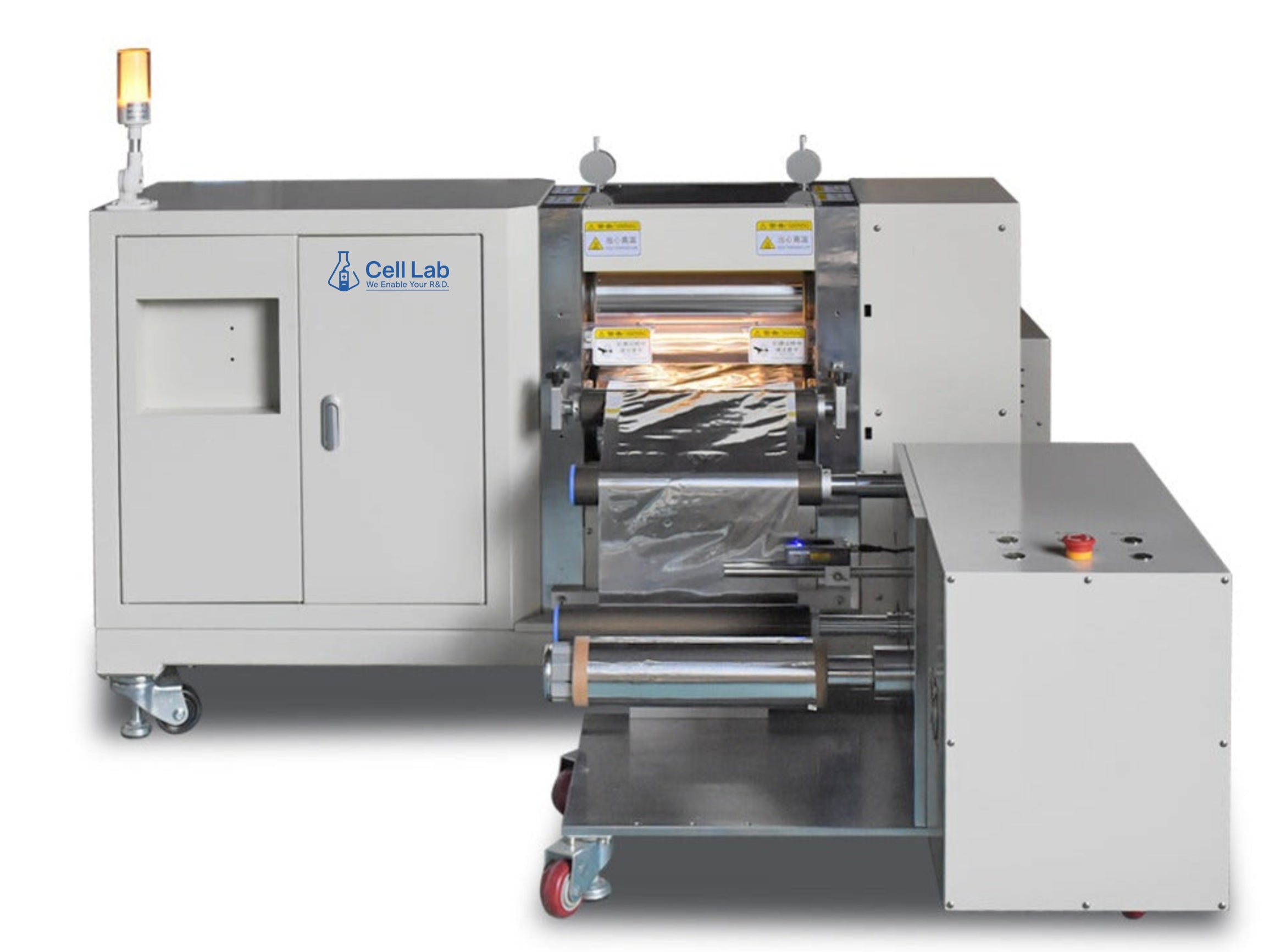 Cell Lab electric electrode calendaring machine with 330 mm rollers, 40 ton pressure, and PLC control delivers ± 0.002 mm precision for uniform battery electrode densification and pilot-scale production.