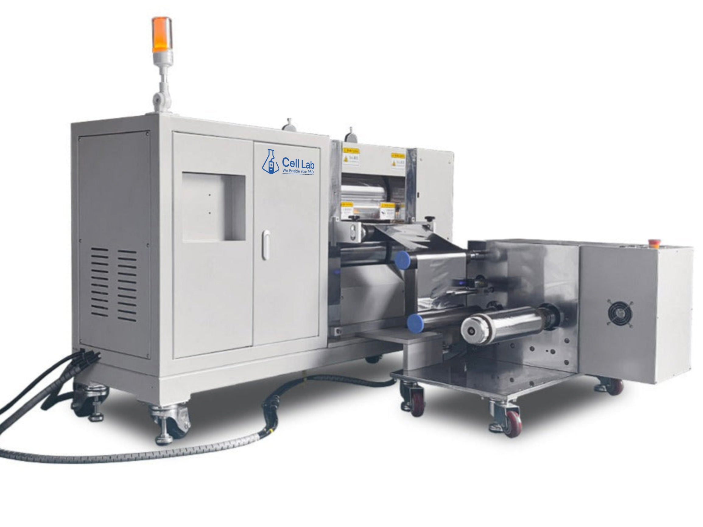 Cell Lab electric electrode calendaring machine with 330 mm rollers, 40 ton pressure, and PLC control delivers ± 0.002 mm precision for uniform battery electrode densification and pilot-scale production.
