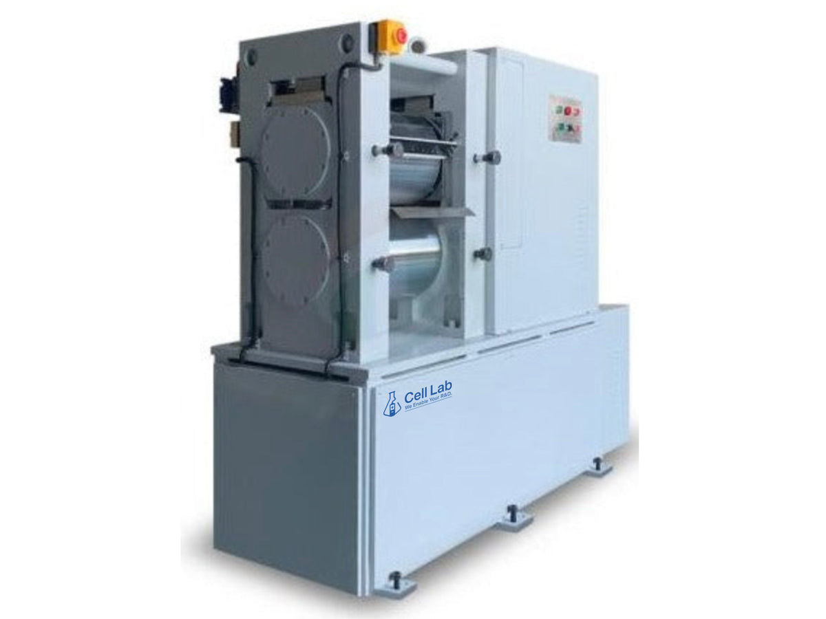 Cell Lab electrode rolling press with 300 mm rollers and 10 T pressure provides precision electrode thickness control, uniform surface finish, and reliable calendering for lithium-ion battery production.