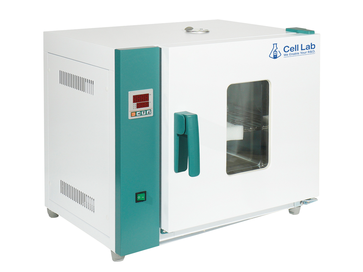 Cell Lab forced convection horizontal drying oven delivers uniform heat distribution with PID temperature control, stainless-steel chamber, and over-temperature protection for precise laboratory drying and heat treatment.