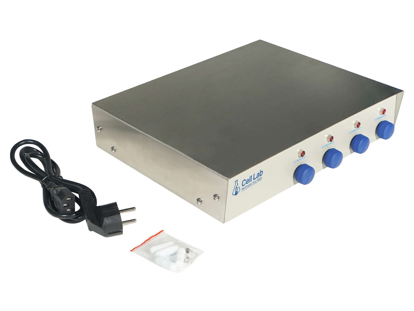 Cell Lab four rows magnetic stirrer offers four independently controlled stirring positions with 100–2000 rpm stepless adjustment, stainless-steel plates, and durable construction for parallel laboratory mixing.