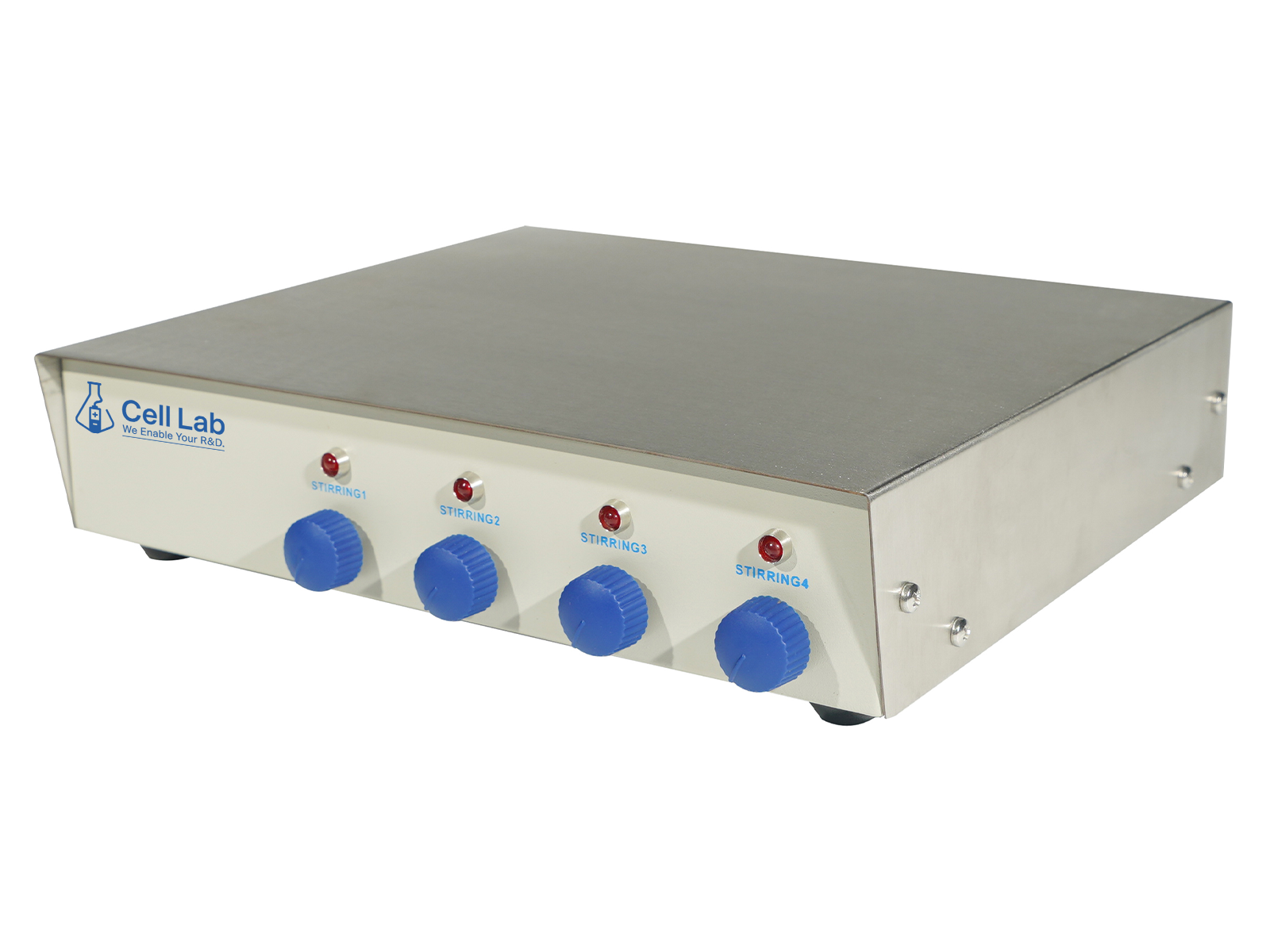 Cell Lab four rows magnetic stirrer offers four independently controlled stirring positions with 100–2000 rpm stepless adjustment, stainless-steel plates, and durable construction for parallel laboratory mixing.