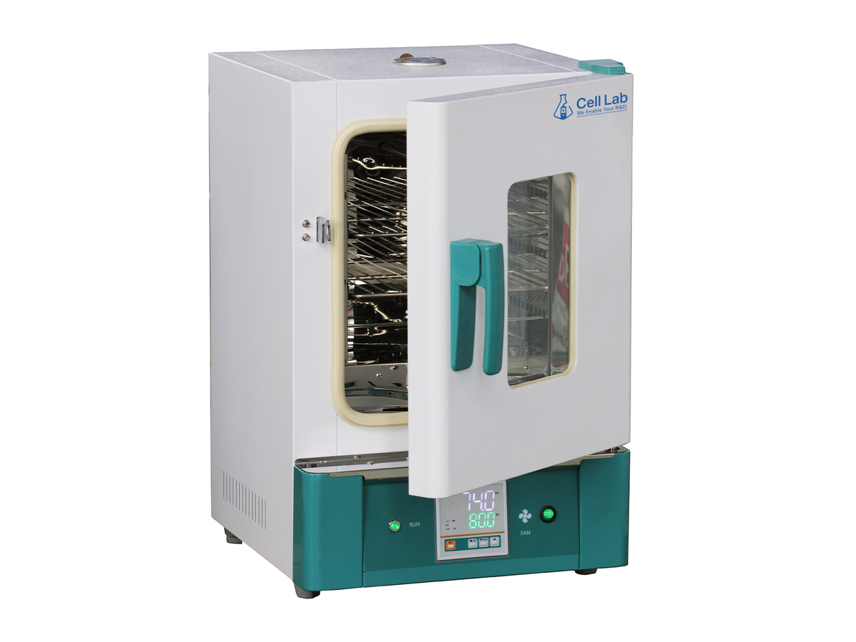 Cell Lab hot air sterilising drying oven features PID temperature control, forced air convection, and safety limiters for precise, uniform dry-heat sterilisation of laboratory glassware and instruments.