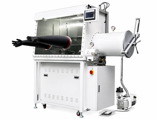 Cell Lab CL0943 inert atmosphere glove box with gas purification system, O₂ and H₂O below 0.1 ppm, dual glove ports, vacuum antechambers and touchscreen control for battery and materials research.