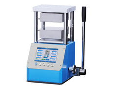 Cell Lab Integrated Hot Press with dual 120 × 120 mm heating platens, 0–5 ton pressure and RT–300 °C, RT–500 °C or RT–800 °C heating options. Compact hydraulic hot press for battery, ceramic, polymer and advanced materials research.