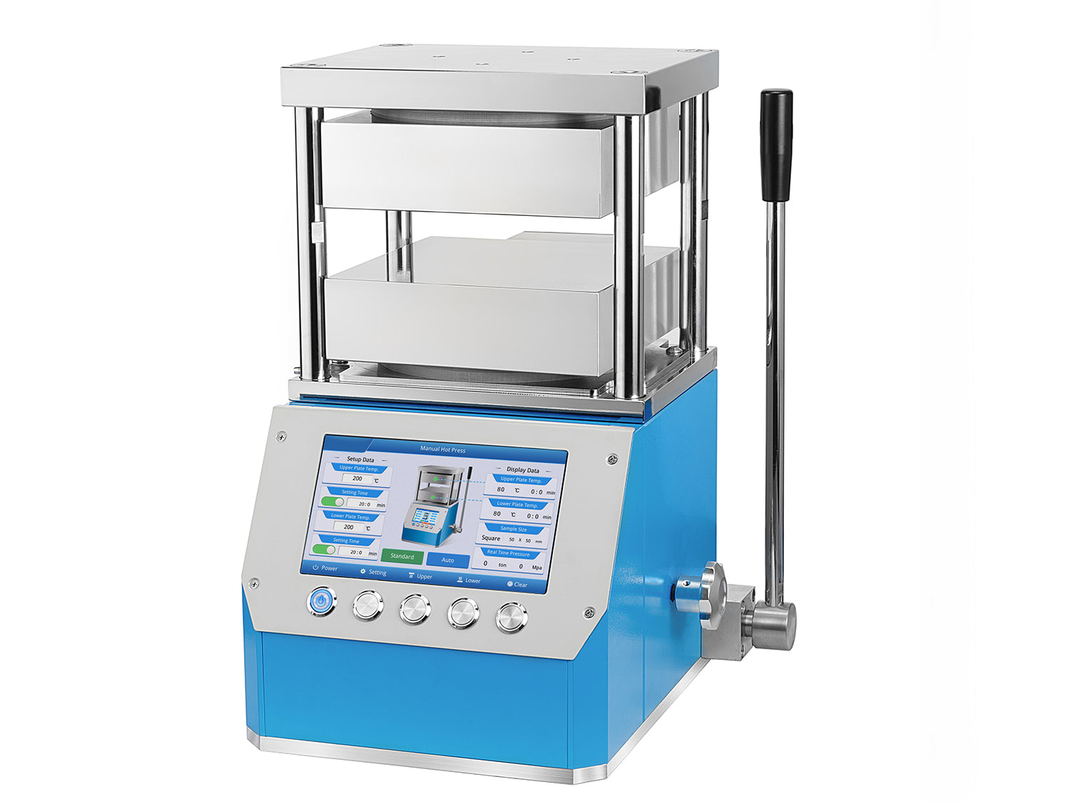 Cell Lab Integrated Hot Press with dual 180 × 180 mm heating platens, 0–10 ton pressure and RT–300 °C, RT–500 °C or RT–800 °C heating options. Compact hydraulic hot press for battery, ceramic, polymer and advanced materials research.
