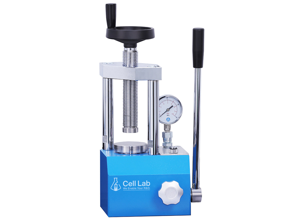 Cell Lab 15-Ton manual hydraulic pellet press — compact benchtop press for FTIR/XRF pellet preparation, battery electrode research, ceramics & powder metallurgy. Two-column & four-column models available.