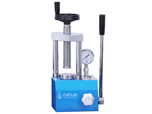 Cell Lab 15-Ton manual hydraulic pellet press — compact benchtop press for FTIR/XRF pellet preparation, battery electrode research, ceramics & powder metallurgy. Two-column & four-column models available.