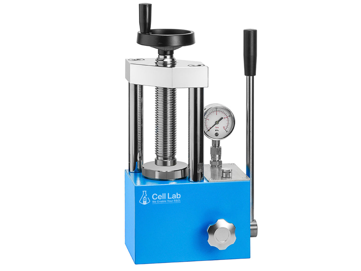 Cell Lab 5-Ton manual hydraulic pellet press — compact benchtop press for FTIR/XRF analysis, battery electrode research, ceramics & metallurgy.