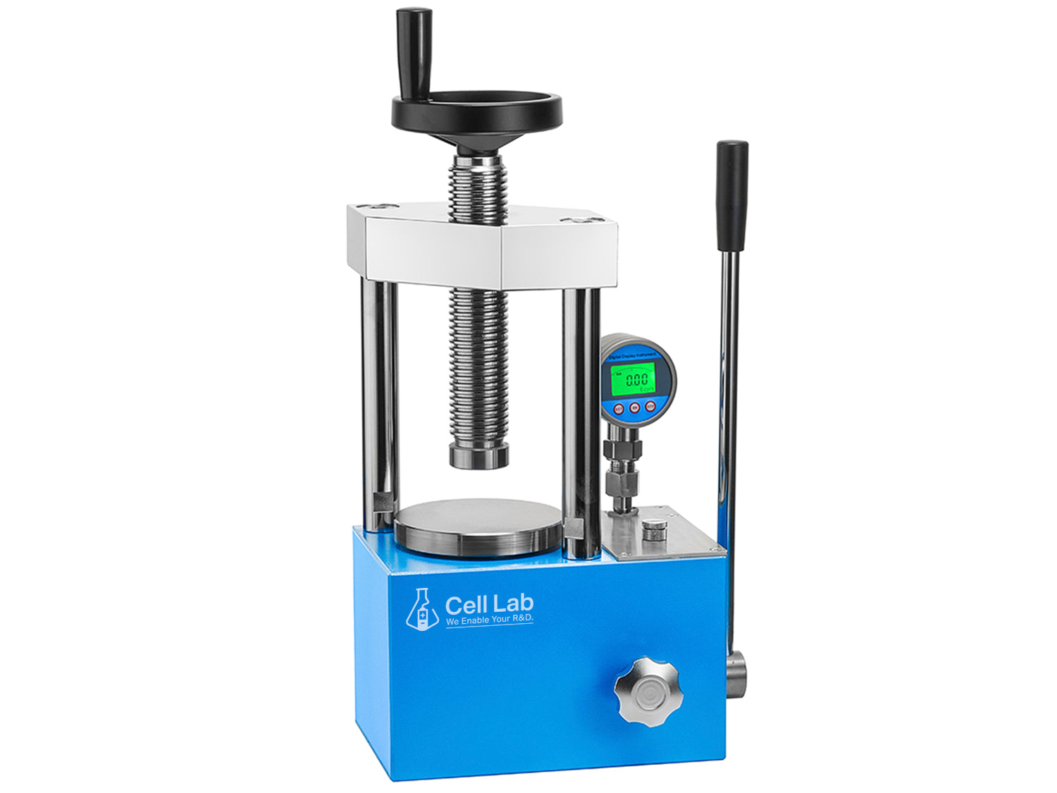 Cell Lab 5-Ton manual hydraulic pellet press — compact benchtop press for FTIR/XRF analysis, battery electrode research, ceramics & metallurgy. Digital gauge option available.