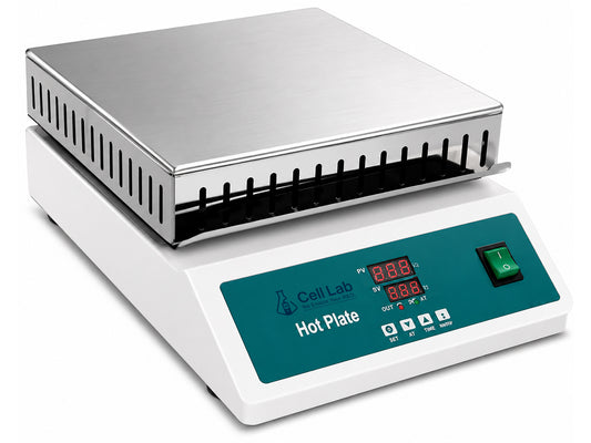 Cell Lab laboratory hot plate series with aluminium or graphite heating plates, analogue or digital control, and temperatures up to 400°C for lab heating applications.