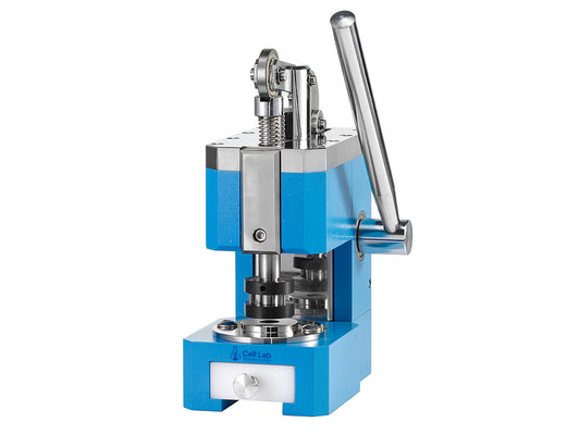 Cell Lab PT-10 Manual Disc Cutter for battery electrode and separator cutting. Includes 14 mm and 16 mm precision dies, glove box compatible design, and optional custom die sizes from 3–24 mm.