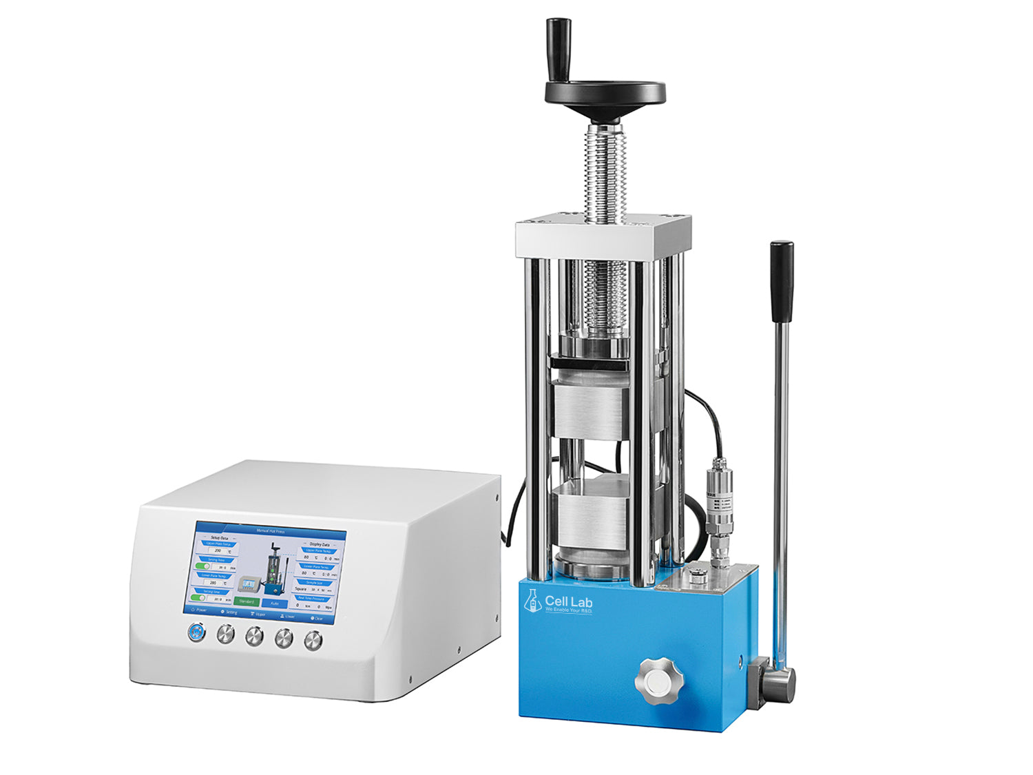 Cell Lab Manual Hydraulic Heated Lab Press Series (24T & 60T): dual heated plates up to 300–500 °C, ±0.1 °C precision, and up to 60-ton force. Compact and versatile for polymers, ceramics, batteries, membranes, and film lamination.