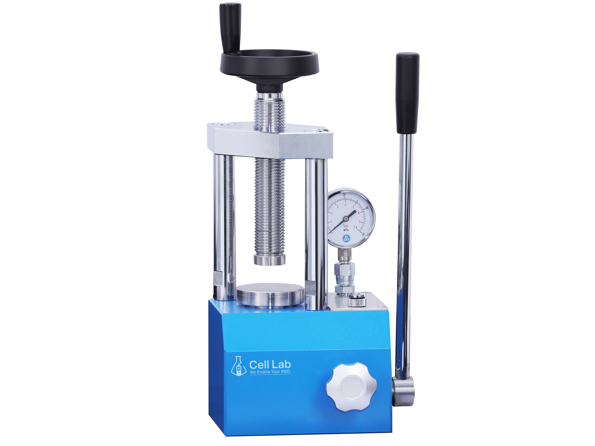 Cell Lab 3-Ton Manual Hydraulic Pellet Press: compact, durable lab-scale press for FTIR/XRF, battery electrode, ceramic, metallurgical and catalytic samples. Offers stable 3-ton pressure, easy cleaning, and glovebox compatibility.