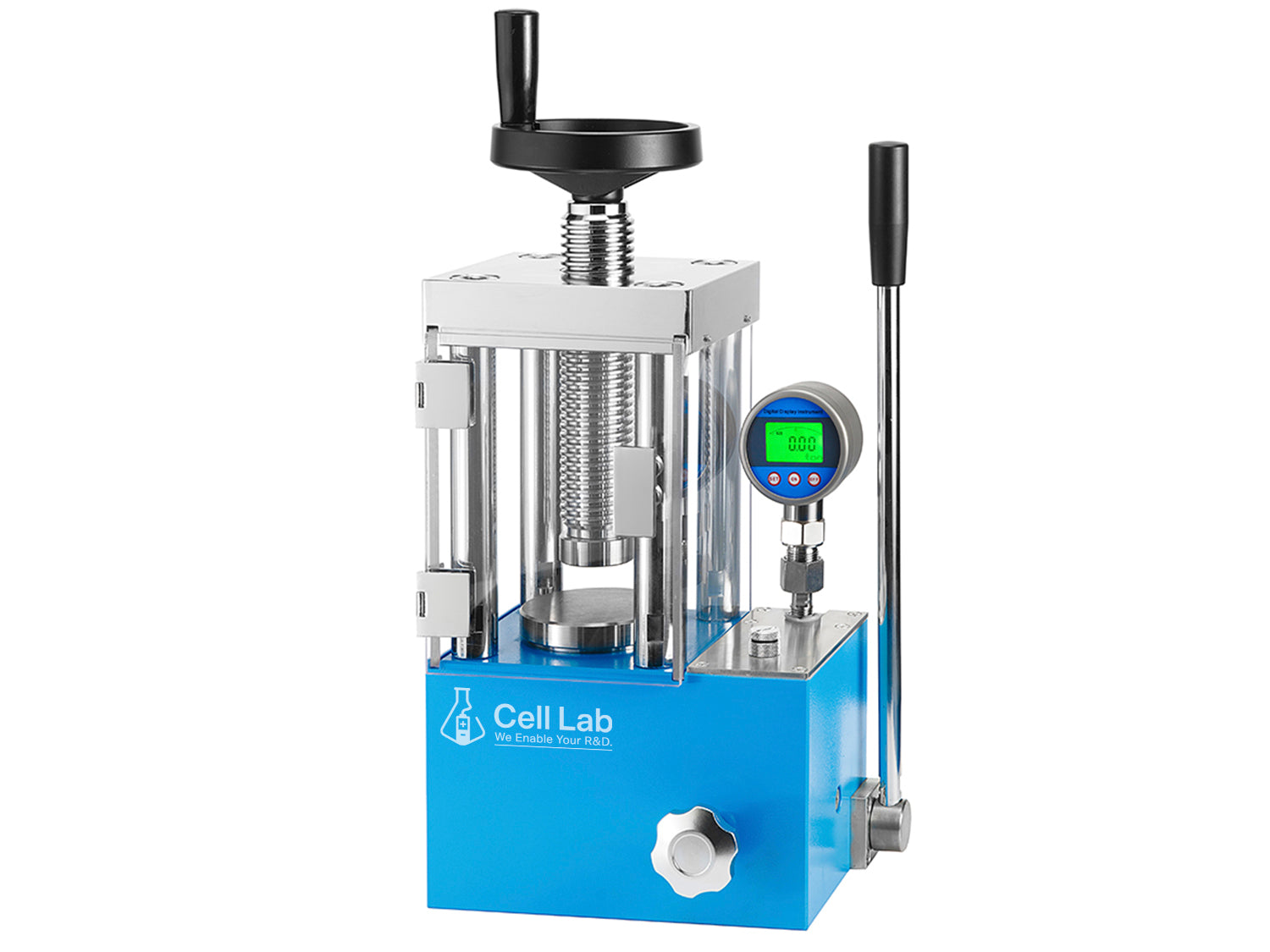 Cell Lab 30-Ton Manual Hydraulic Pellet Press: compact, high-pressure laboratory press for FTIR/XRF analysis, battery materials, ceramics, metallurgy, and catalysis. Available with regular or digital gauges, with or without safety shields.