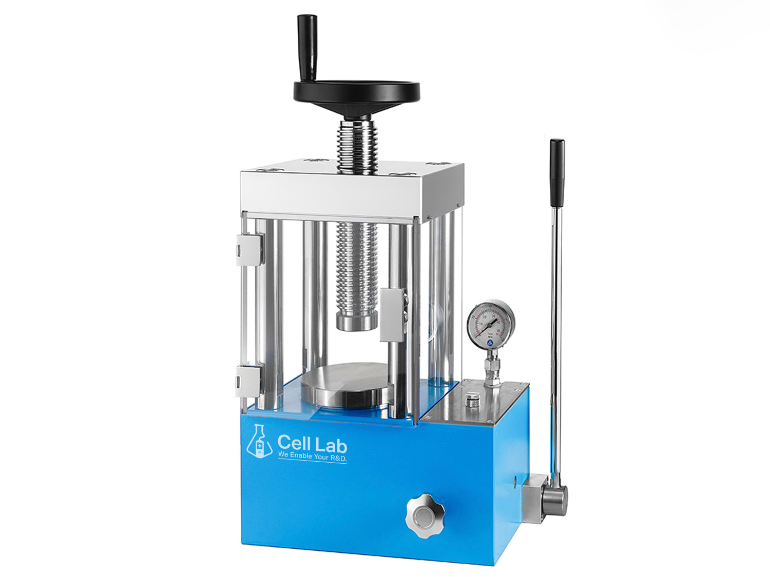 Cell Lab Manual Hydraulic Pellet Press Series with Safety Shield (15T, 24T, 40T, 60T). Available with Regular or Digital Pressure Gauge. Compact lab-scale presses with ≤1 MPa/10 min stability, ideal for FTIR/XRF, batteries, ceramics, metallurgy, and catalysis.