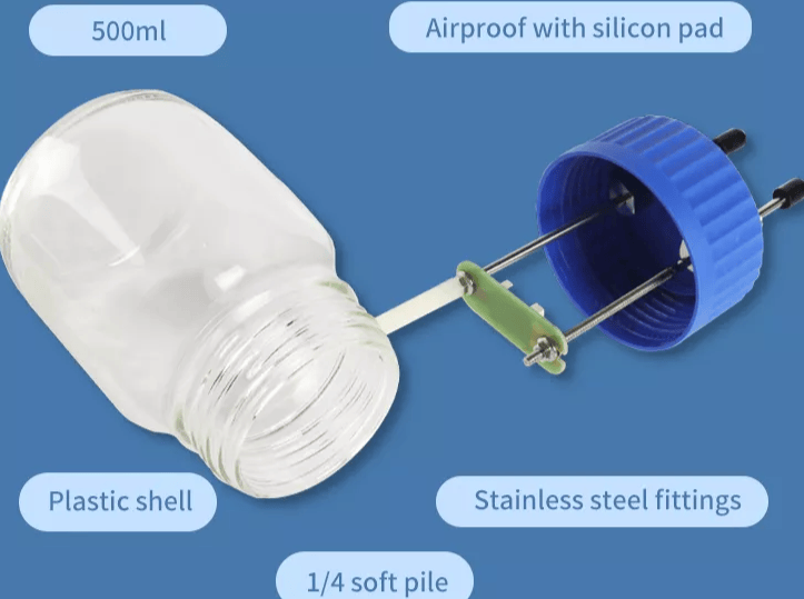 Cell Lab meshed CR2032-compatible bottle cell (500 mL) – air-tight test enclosure for lithium–air and zinc–air battery research. Enables controlled gas–electrode interaction and long-cycle experiments.