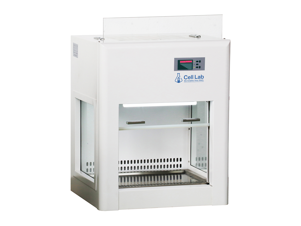 Cell Lab mini laminar flow cabinet and fume hood provide ISO Class 5 clean air with HEPA filtration, LED/LCD control, and UV safety for compact laboratory environments, ensuring reliable sample and operator protection.